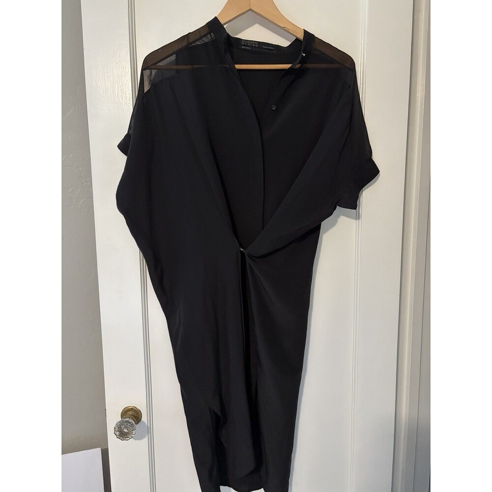 ALLSAINTS Silk Shirt Dress Black Draped Short Button Minimalist Art to Wear US 4